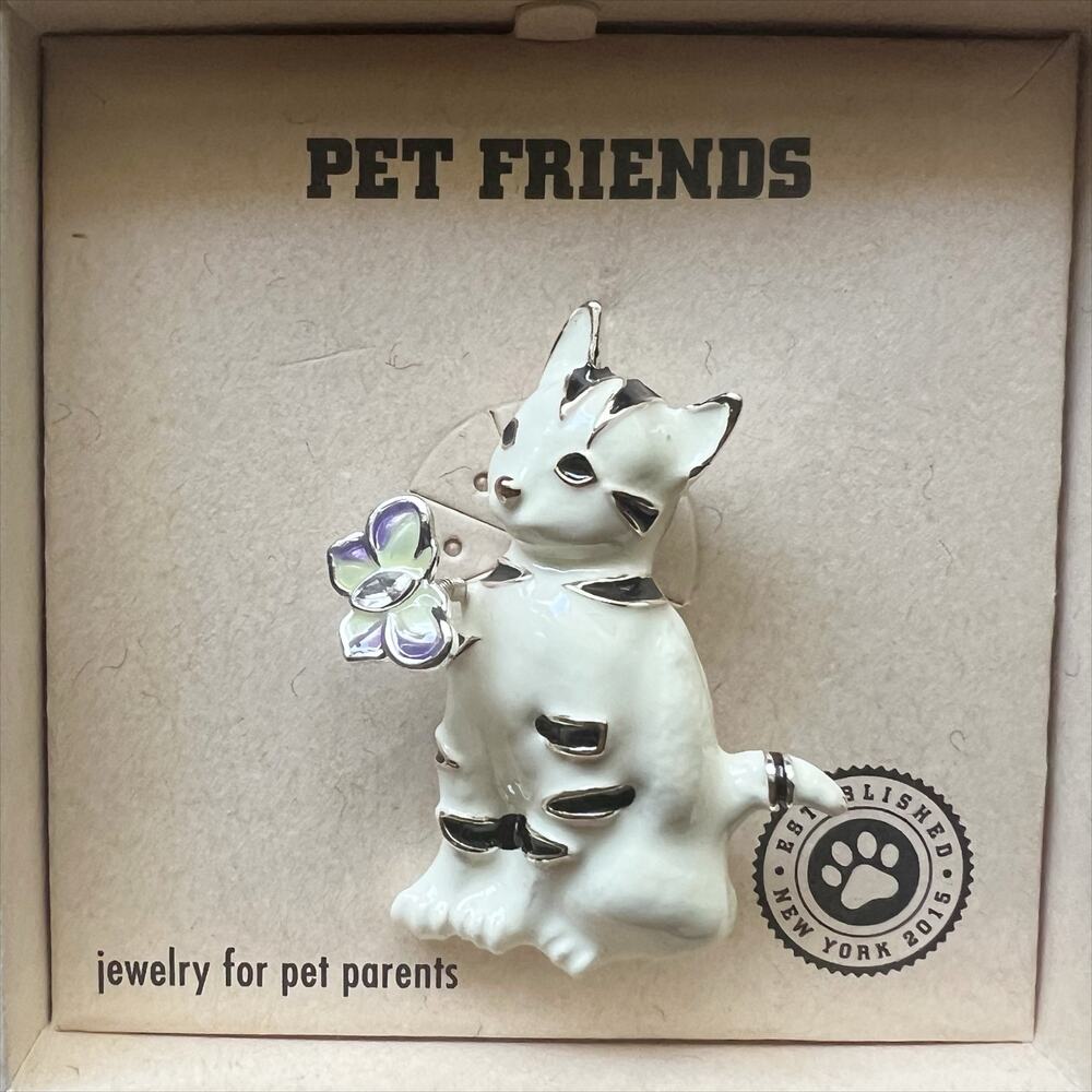 🔥 New in Box Pet Friends Striped Cat with Butterfly Silver Tone Brooch Pin Jewel